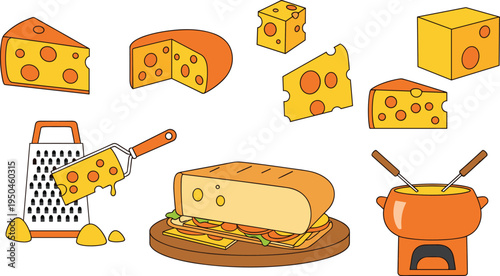 Swiss Cheese Food Vector Collection Featuring Cheese Wedges, Cheese Blocks, Grated Cheese with Grater, Cheese Sandwich, Cheese Cubes and Traditional Fondue Pot Illustration