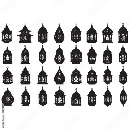 A collection of twenty five black lanterns on white background