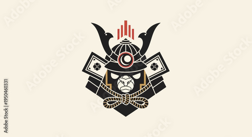 Samurai Monkey Warrior Emblem with Traditional Japanese Helmet and Armor
