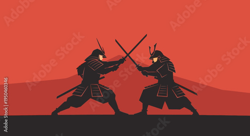 Samurai Warriors Duel Silhouette, Red Background, Japanese Culture