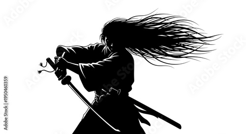 Silhouette of a Samurai Warrior with Flowing Hair in Action Pose with Katana Sword
