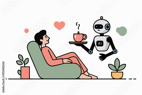 human relaxing while AI robot brings tea tray