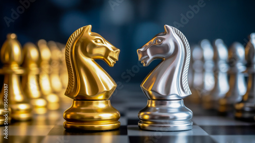 A chess board with two knights facing each other