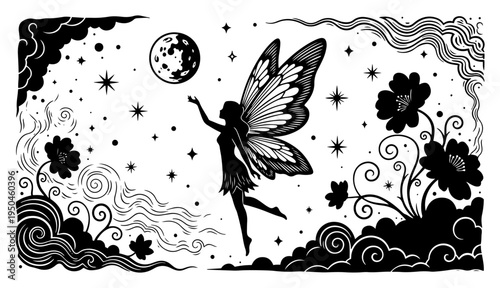 Magical fairy flying through a starry night sky with moon and flowers