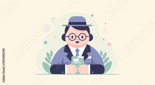 Gentleman in suit and hat holding a book, surrounded by decorative elements