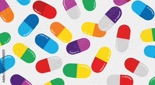 Colorful Pharmaceutical Capsules Scattered on White Background, Health Concept