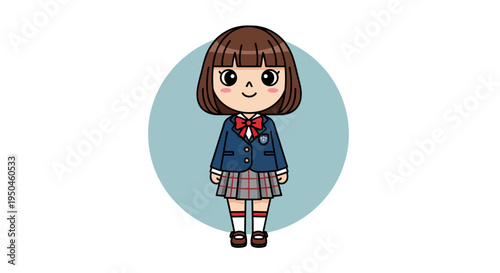 Cute cartoon schoolgirl in uniform with bow tie and plaid skirt, isolated on blue circle background
