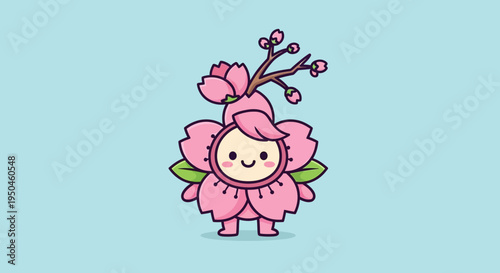 Cute Cherry Blossom Character with Spring Flowers and Leaves