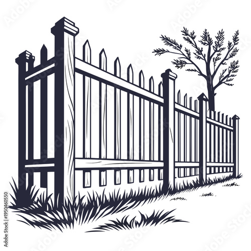 Vector illustration of a wooden picket fence with tree