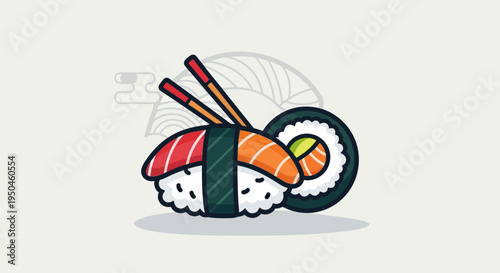 Cute Sushi and Maki Roll Illustration with Chopsticks