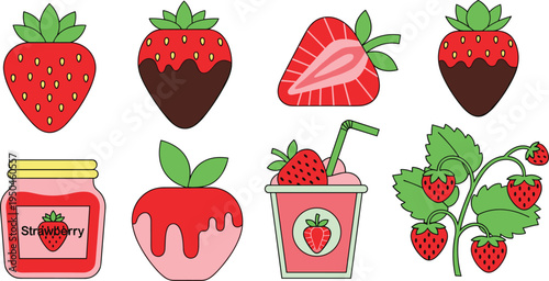 Strawberry Fruit and Dessert Collection with Whole Strawberries, Chocolate Dipped Strawberries, Strawberry Jam Jar, Strawberry Milkshake, and Strawberry Plant Vector Illustration Set