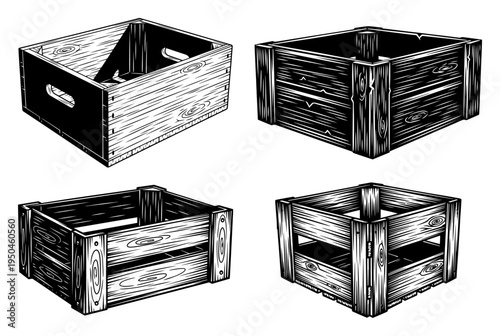 Set of four wooden crates and boxes in hand drawn vintage engraving style