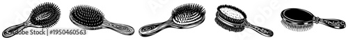 Collection of various hairbrushes and combs in traditional black ink illustration style