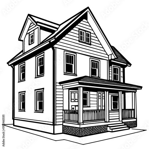 Vector illustration of a two-story house with porch
