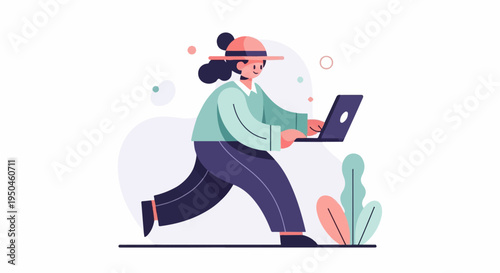 Energetic person with hat on, actively using laptop outdoors