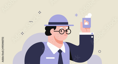 Man in hat and glasses holds up a drink with foam