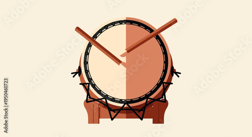Japanese Taiko Drum with Drumsticks on Stand, Traditional Musical Instrument