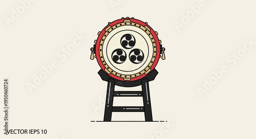 Japanese Taiko Drum on Stand, Traditional Musical Instrument, Vector Art