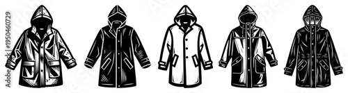 Collection of various hooded coats and jackets for outdoor activities illustration