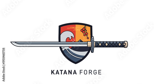 Katana Sword Emblem with Japanese Wave and Sun