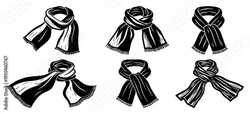 Assorted collection of winter scarves with different knots and patterns in ink style