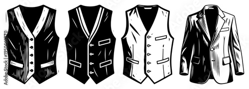 Set of formal men vests and a classic blazer in vintage engraving style