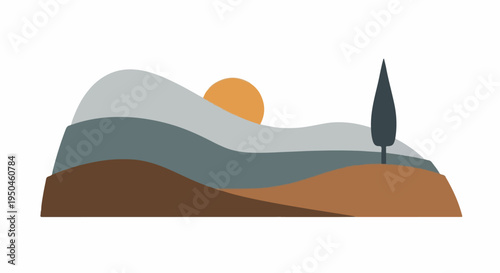 Minimalist landscape with rolling hills, a sun, and a lone tree