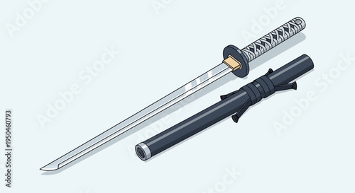 Pixel Art Katana Sword and Scabbard, Japanese Weapon, Minimalist Design