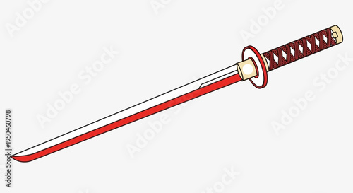 Red and white katana sword, isolated on white background, sharp blade, samurai weapon