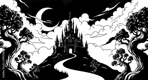 Road leading to a fantasy castle under a crescent moon and dramatic clouds path street