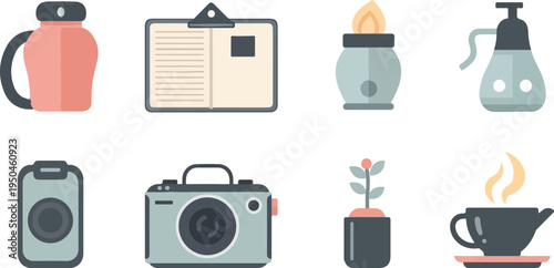 Flat icons thermos, notepad, lamp, sprayer, phone, camera, potted plant, tea