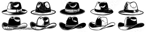 Collection of vintage hand drawn fedora and cowboy hats in detailed woodcut style