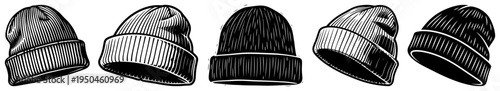 Set of various knitted beanie hats hand drawn in high contrast woodcut engraving style