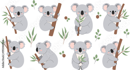 Koala Wildlife Illustration Set Featuring Climbing, Sitting, Hugging Tree, and Eating Eucalyptus Leaves Poses of Cute Australian Marsupial.