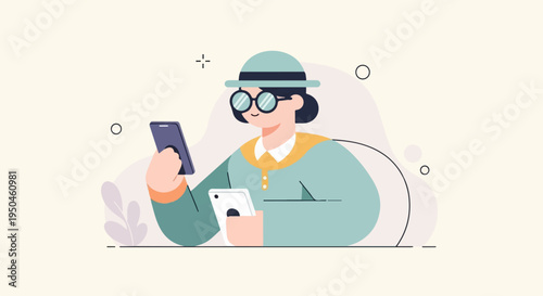 Person with hat and glasses interacting with two devices
