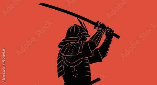 Silhouette of a Samurai Warrior in Armor with Katana Sword Raised, Red Background