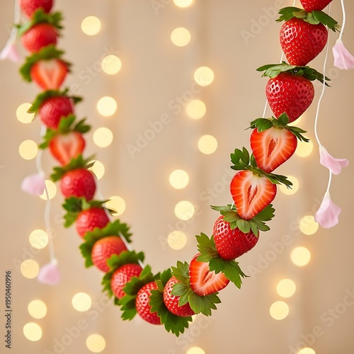 Fresh ripe strawberries artfully strung into a decorative garland against a bokeh light background