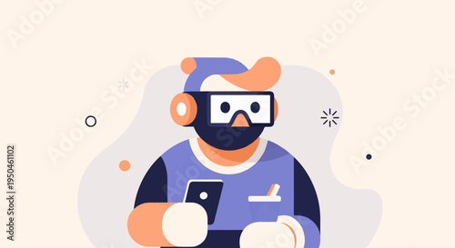 A flat illustration of a figure wearing a VR headset and holding a phone
