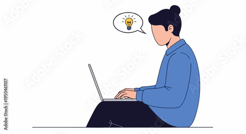 Person with bun hairstyle typing on laptop with bright idea bulb in speech bubble