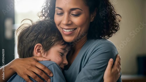 Woman with dark curly hair hugging a young child with brown hair, showcasing childhood love and maternal care
