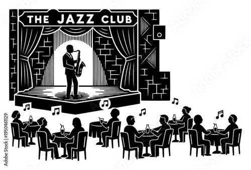 Vintage style woodcut illustration of a jazz club with live stage performance