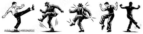Sequence of five energetic swing dancers in vintage hand drawn graphic style