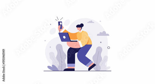 Person with laptop and phone in stylized, modern illustration