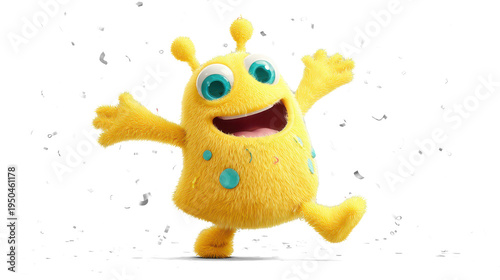 dancing cartoon-style bright yellow alien mid-spin, with one leg lifted and arms swinging wide
