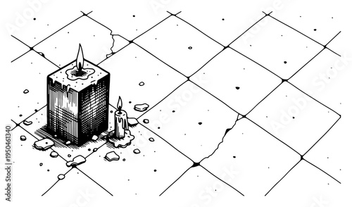 Burning square pillar candle on a cracked tiled floor in isometric engraving style