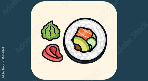 Delicious Sushi Roll with Wasabi and Ginger, Japanese Food Illustration