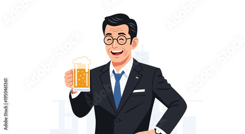 Happy businessman toasting with beer, celebrating success, office background