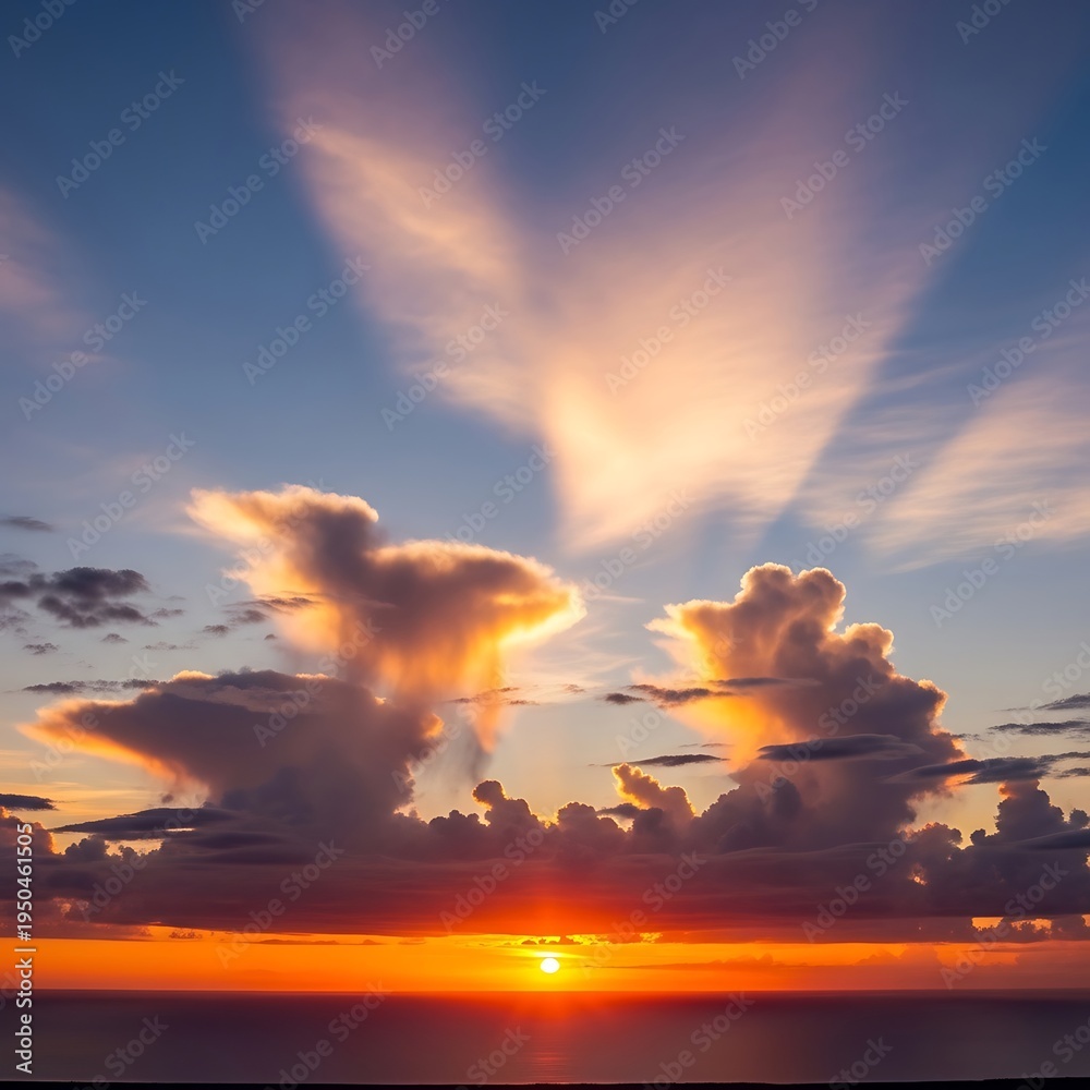 Fototapeta premium Brilliant crepuscular rays pierce dramatic cloud formations during a vibrant ocean sunset