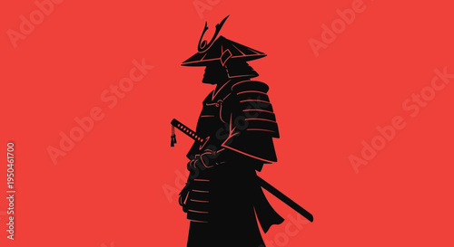 Silhouette of a Samurai Warrior in Traditional Armor with Sword on Red Background