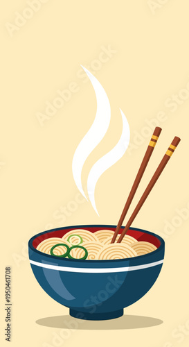 Steaming Bowl of Ramen Noodles with Chopsticks, Japanese Cuisine